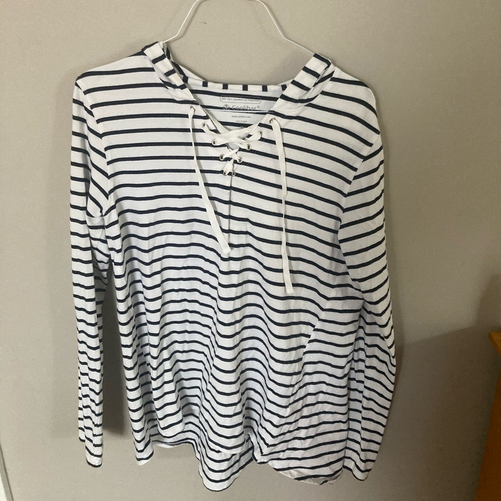 Coolibar White and Black Striped Lace-Up Hoodie